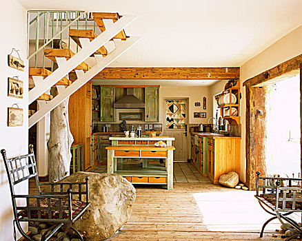 乡村,厨房,室内,楼梯