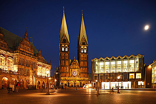 老市政厅,大教堂,议会,房子,公民,夜晚,不莱梅,德国,欧洲