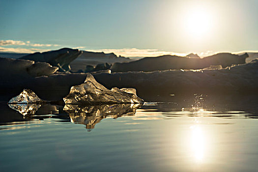 片,冰,晚上,亮光,反射,杰古沙龙湖,冰河,泻湖,瓦特纳冰川,东方,冰岛,欧洲
