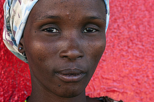 纳米比亚女性,正面,红墙,头像,纳米比亚,非洲
