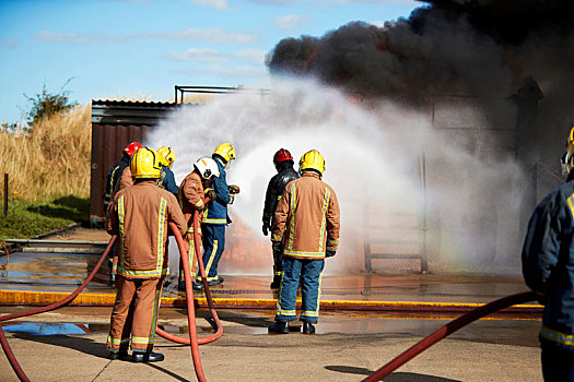 消防员,培训,放,室外,火,燃烧,建筑,英国