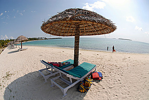 折叠躺椅,遮阳伞,海滩,阿拉伯海,南印度,亚洲