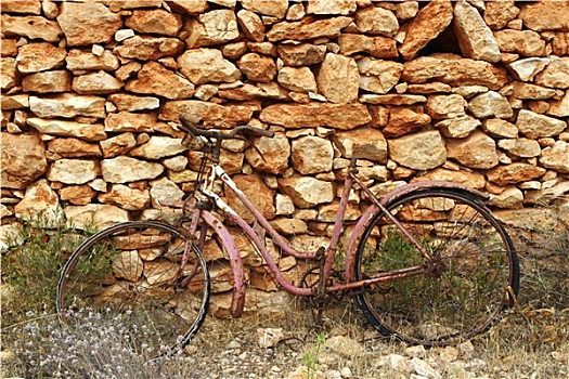 风化,自行车,旧式,石墙