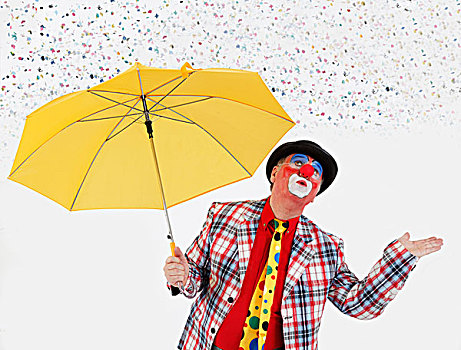 小丑,拿着,伞,五彩纸屑,雨