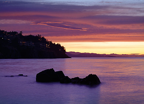 粉色,日落,风景,海洋,海岸,暗色,岩石,岸边,温哥华岛,不列颠哥伦比亚省,加拿大,北美