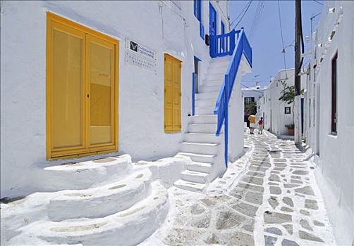 狭窄,小路,黄色,门,蓝色,阶梯,栏杆,米克诺斯岛,基克拉迪群岛,希腊,欧洲