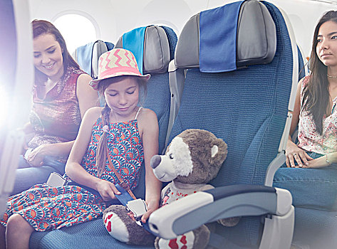 女孩,紧固,安全带,毛绒玩具,飞机