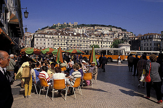 葡萄牙,里斯本,街边咖啡厅,城堡,背景
