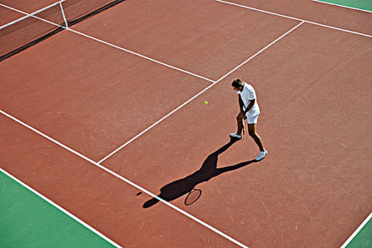 男青年,玩,网球,户外,橙色,场地,早晨