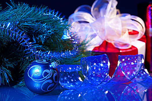 蓝色,圣诞节,球,丝带