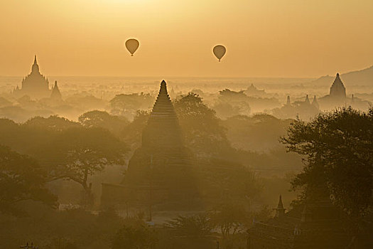 日出,气球,上方,塔,蒲甘,缅甸