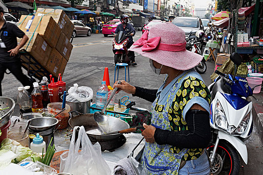 小吃店,女人,烹调,货摊,道路,唐人街,曼谷,泰国,亚洲