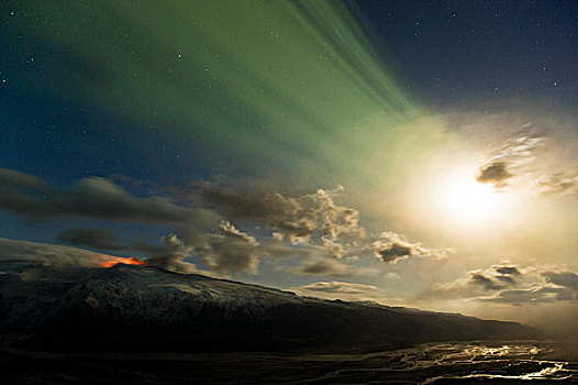 薄弱,北极光,满月,上方,喷发,火山,河床,冰岛,欧洲