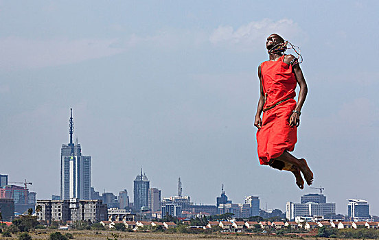 马萨伊勇士,跳跃,半空中,传统舞蹈,内罗毕,肯尼亚,非洲