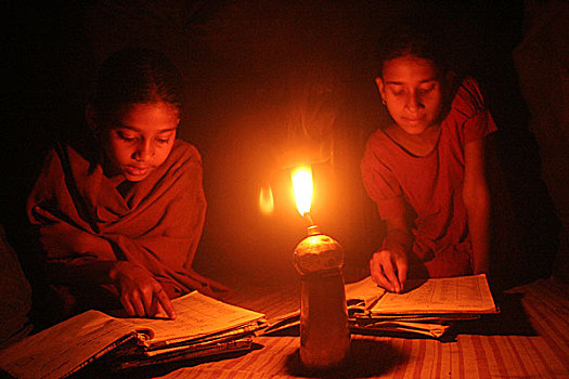 孩子,学习,授课,在家,乡村,孟加拉,二月,2009年