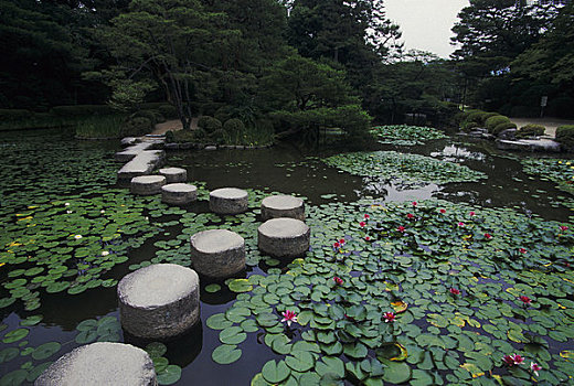 日本,京都,平安神宫,神社,花园,水塘,人行道