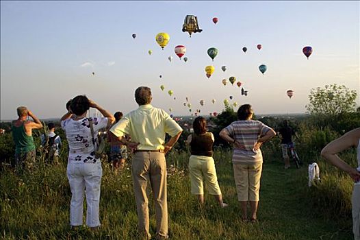 莱比锡,地点,夏天,远处,上方,气球,驾驶员,许多,热气球