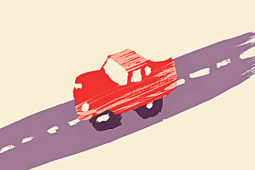 插画,红色,汽车,街上