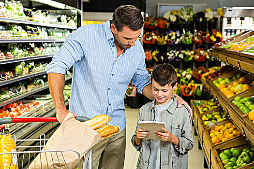 父子,读,食物杂货,清单,超市