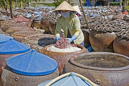 两个女人,制作,鱼肉酱,美尼,越南,亚洲