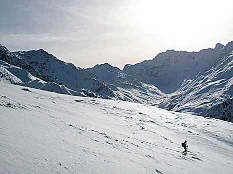 奥地利,北方,阿尔卑斯山,山谷,孤单,男人,远足,雪靴,初雪,风景,高,雪山
