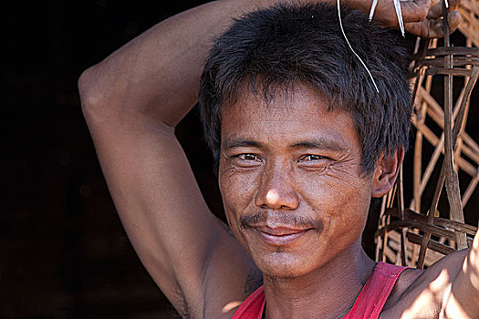 男人,微笑,头像,茵莱湖,掸邦,缅甸,亚洲