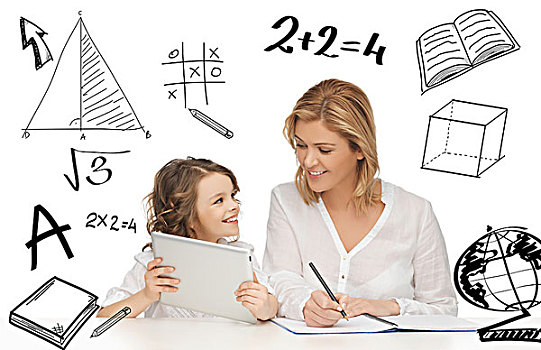 教育,科技,互联网,亲情,概念,女孩,母亲,家庭作业,平板电脑