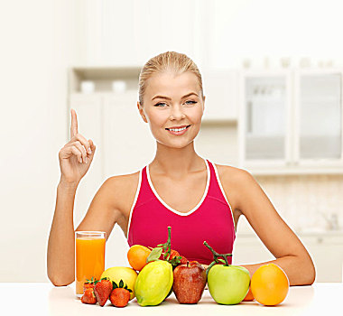 健身,节食,概念,美女,有机食品,水果,拿着,手指,向上