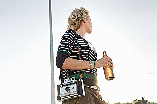 中年,女人,啤酒瓶,旧式,摄影,公园