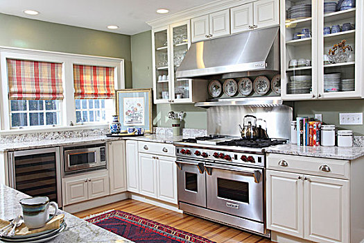 鲜明,白色,厨房,大,不锈钢,排风罩,花冈岩,台面,美国