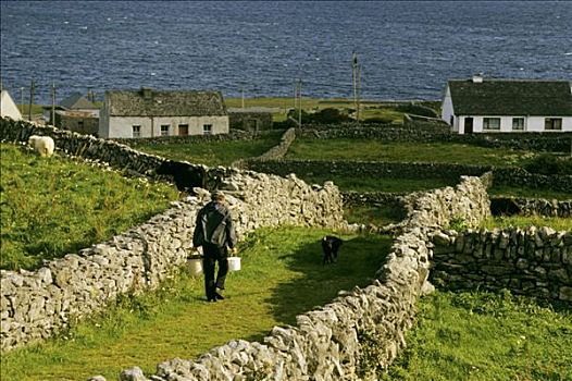 爱尔兰,阿伦群岛,岛屿,男人,走,小路,海洋,背景