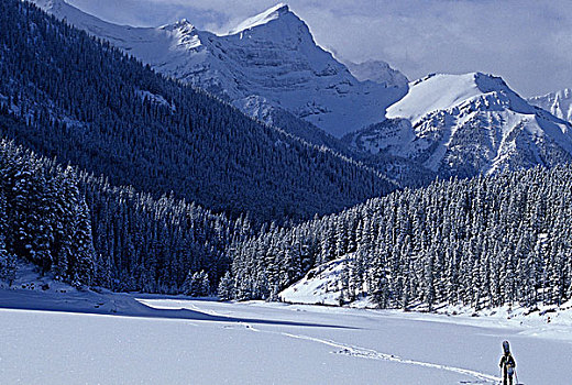 滑雪板玩家,跋涉,湖,漂亮,偏僻,目的地,卡纳纳斯基斯县,落基山脉,艾伯塔省,加拿大