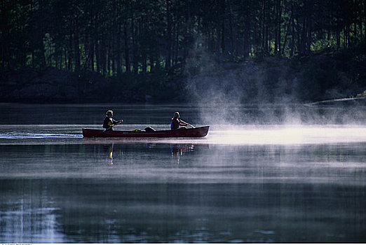 伴侣,独木舟,湖,薄雾,安大略省,加拿大
