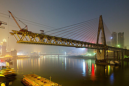 中国,重庆,建筑,巨大,新,桥,高处,长江,朦胧,秋天,夜晚