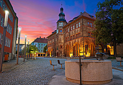 城市,市政厅,日落,雕塑,图林根州,德国