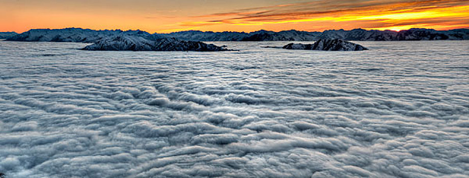 云海,遮盖,瓦纳卡湖,风景,日出,上方,南阿尔卑斯山,奥塔哥,新西兰