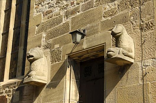 狮子,雕塑,入口,教区教堂,巴登符腾堡,德国,欧洲