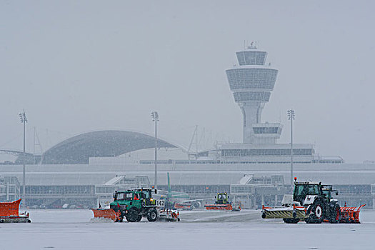 雪,冬天,西部,围裙,控制塔,慕尼黑机场,巴伐利亚,德国,欧洲
