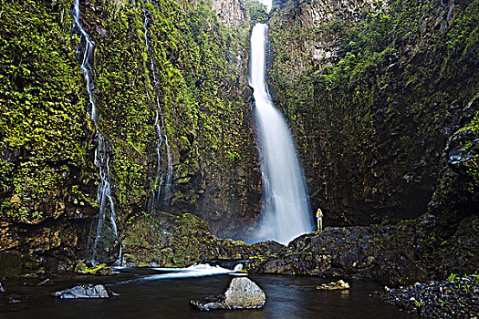 夏威夷,毛伊岛,女人,站立,瀑布