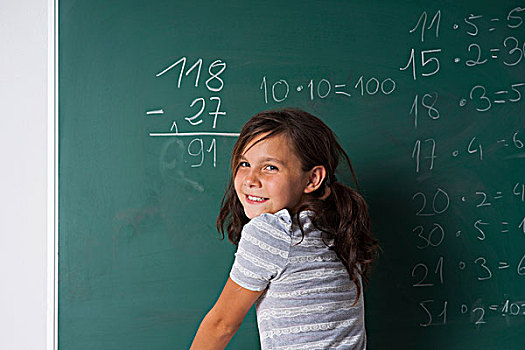 女孩,站立,教室,正面,黑板,数学,疑问,德国