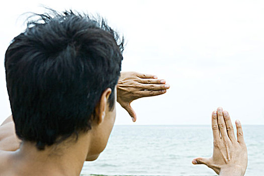 男人,海洋,观景,手指框