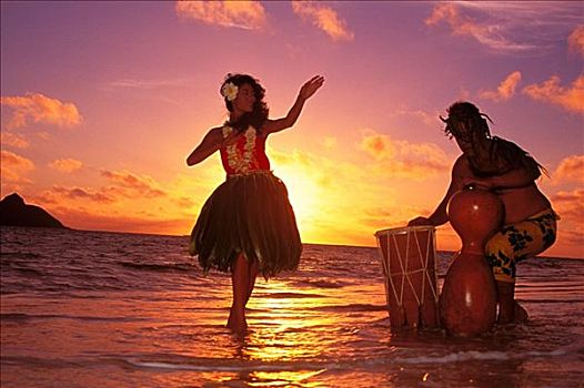 草裙舞,表演,鼓手,海滩,日出,背景,夏威夷