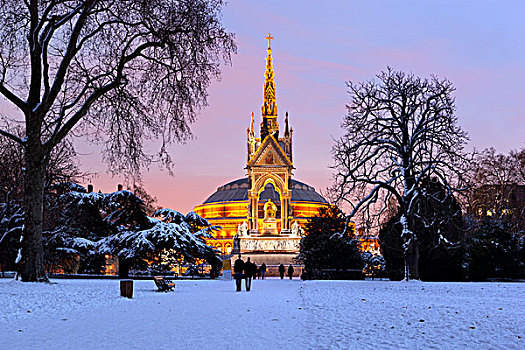 英格兰,伦敦,皇家,阿尔伯特亲王纪念碑,雪中,肯辛顿花园