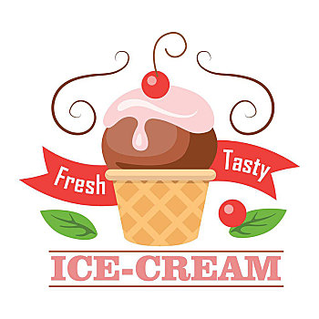 新鲜,美味,冰淇淋,象征,标识,冰激凌,蛋卷,球,一个,樱桃,脆,褐色,圆,华夫饼,杯子,巧克力,冰,粉色,花,浇料,糖果,卡通,设计,矢量,插画
