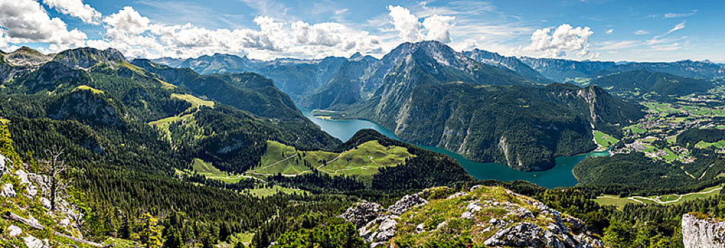 全景,上方,湖,瓦茨曼山,国家公园,贝希特斯加登地区,巴伐利亚,德国,欧洲