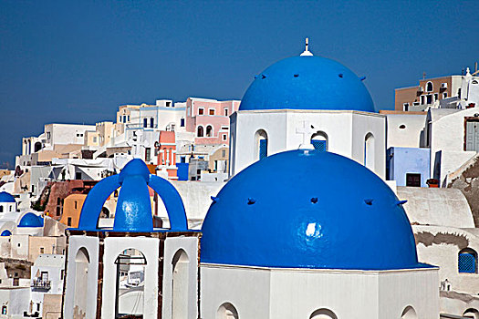 希腊,锡拉岛,钟楼,蓝色,圆顶,教堂,乡村