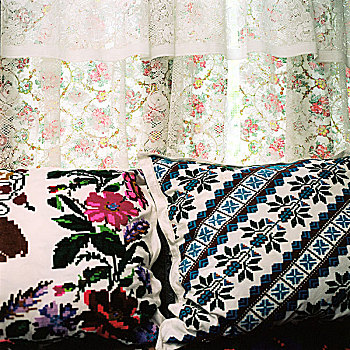 窗户,室内,罗马尼亚,农舍,刺绣,垫子,白色,帘,马拉穆列什,五月,2004年