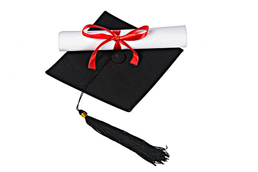 白色背景下的学士帽,毕业证书