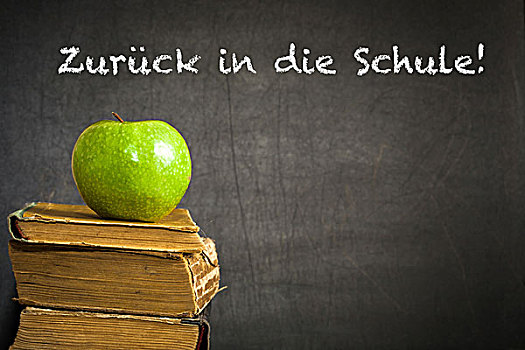 青苹果,老,书本,黑板,文字,返校,德语,学校,概念