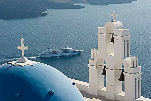 希腊,锡拉岛,蓝色,教堂,圆顶,白色,钟楼,远眺,奢华,游艇,爱琴海